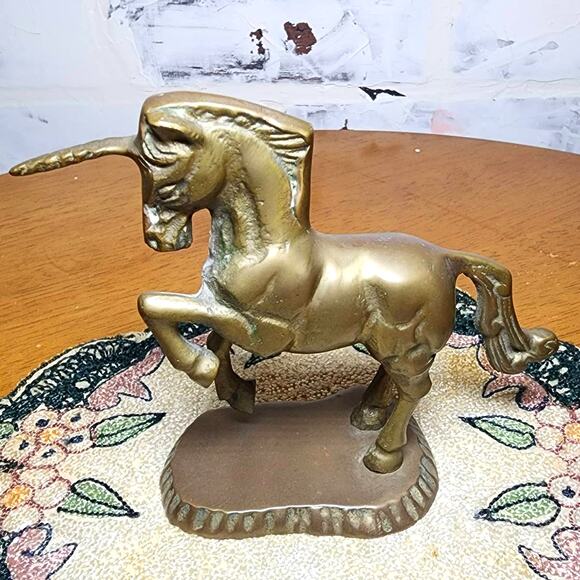 Elegant Brass Unicorn Figurine - Mid-Century Prancing Horse Art Piece on Stand - Picture 3 of 7